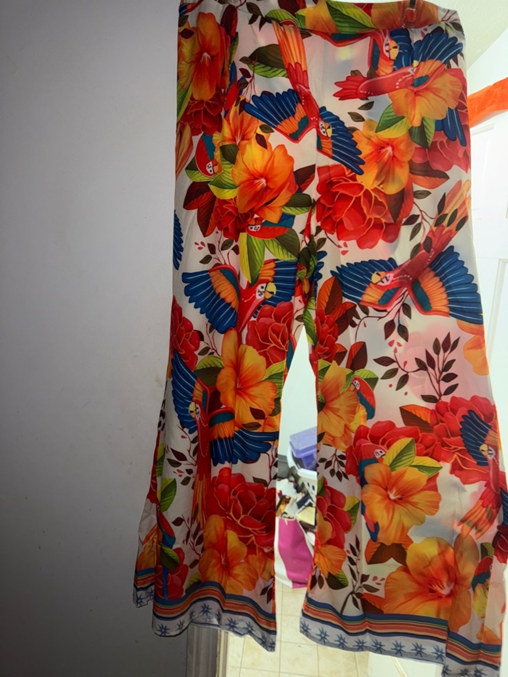 SHEIN Floral Parrot Wide Leg Pants - White, Blue, Orange, Red, Green